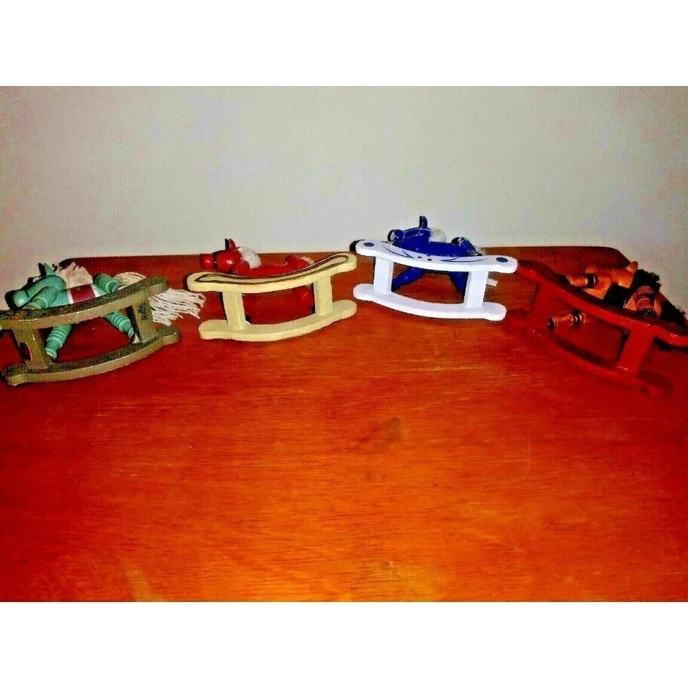 Vintage Wooden Rocking Horses Handcrafted Miniature w/ Yarn Mane Set of 4 RARE